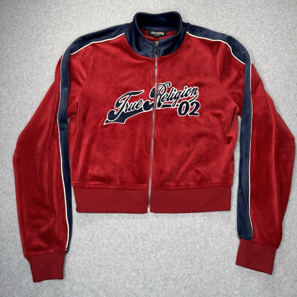 True Religion Velour Panelled Track Jacket Cropped Womens M Red Blue Spell Out